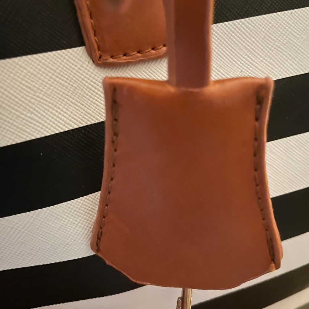 Striped Black and White Tote Bag with Brown Accents - Picture 7 of 8